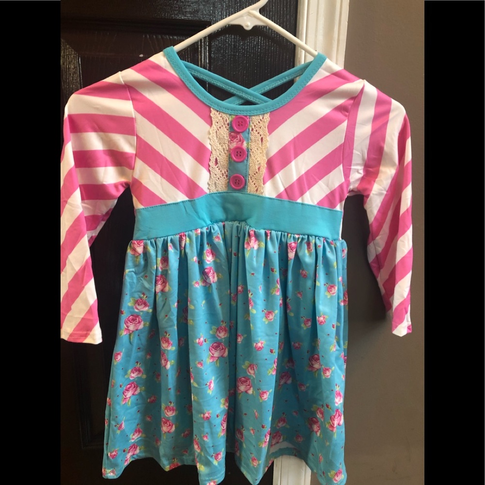 Pink stripe & Teal  Floral Dress